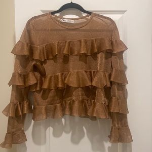 ZARA sheer gold sparkle ruffle top!